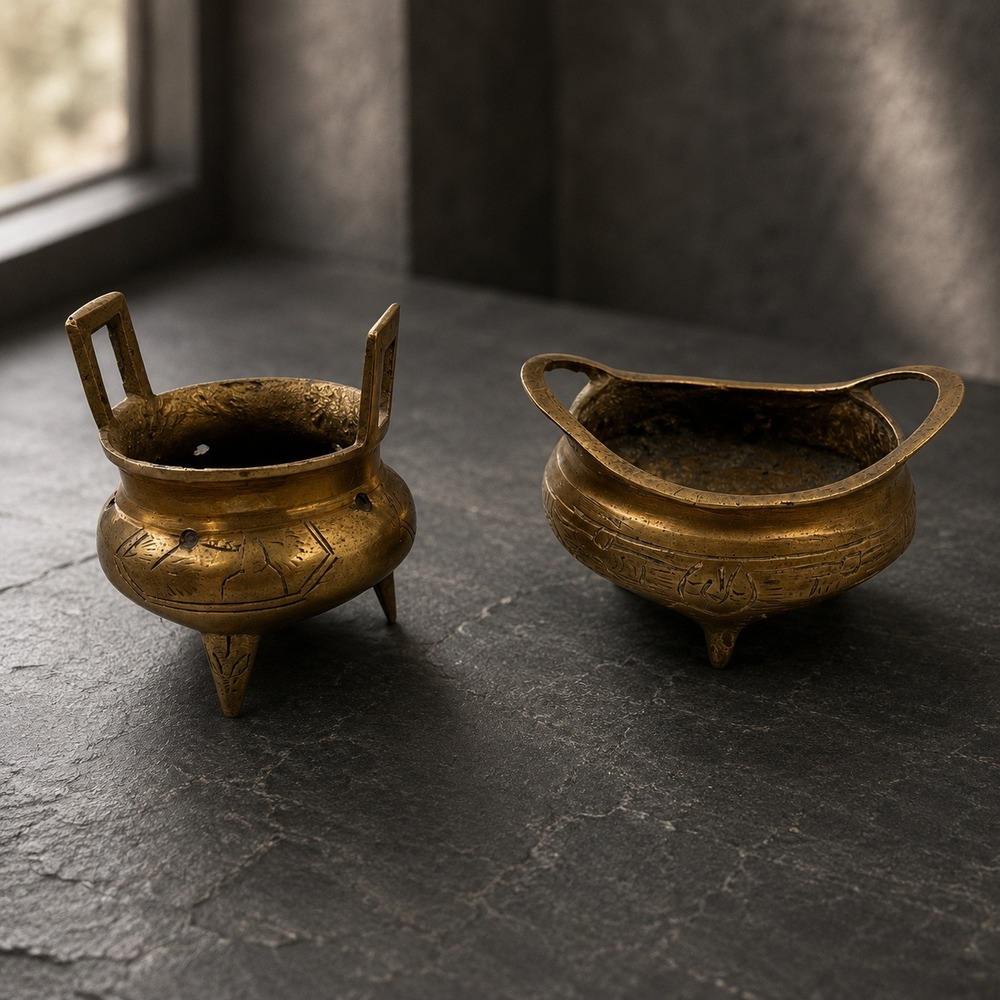 Vintage Chinese Cast‎ Brass Miniature Incense Burners Censer Pair Tripod Handled